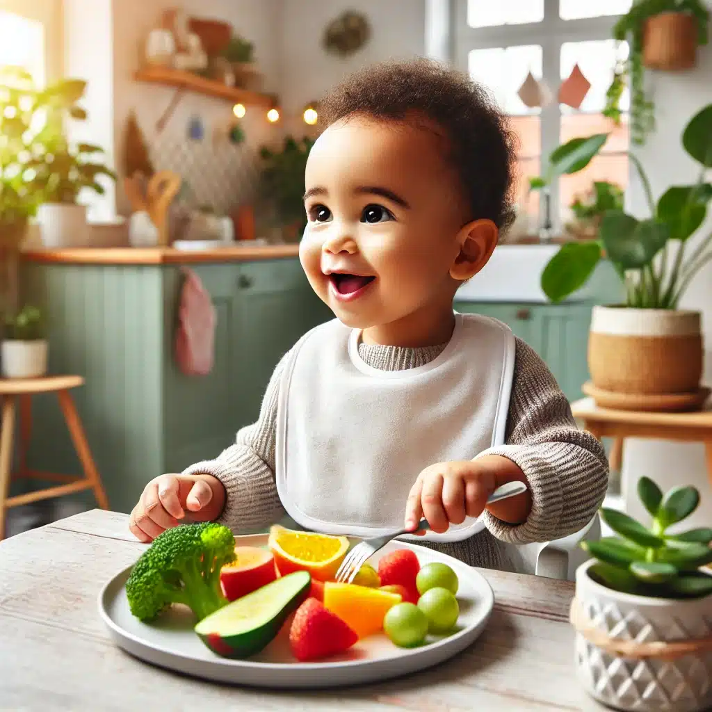 A happy, diverse toddler eating nutritious food, such as a colorful plate of fruits and vegetables